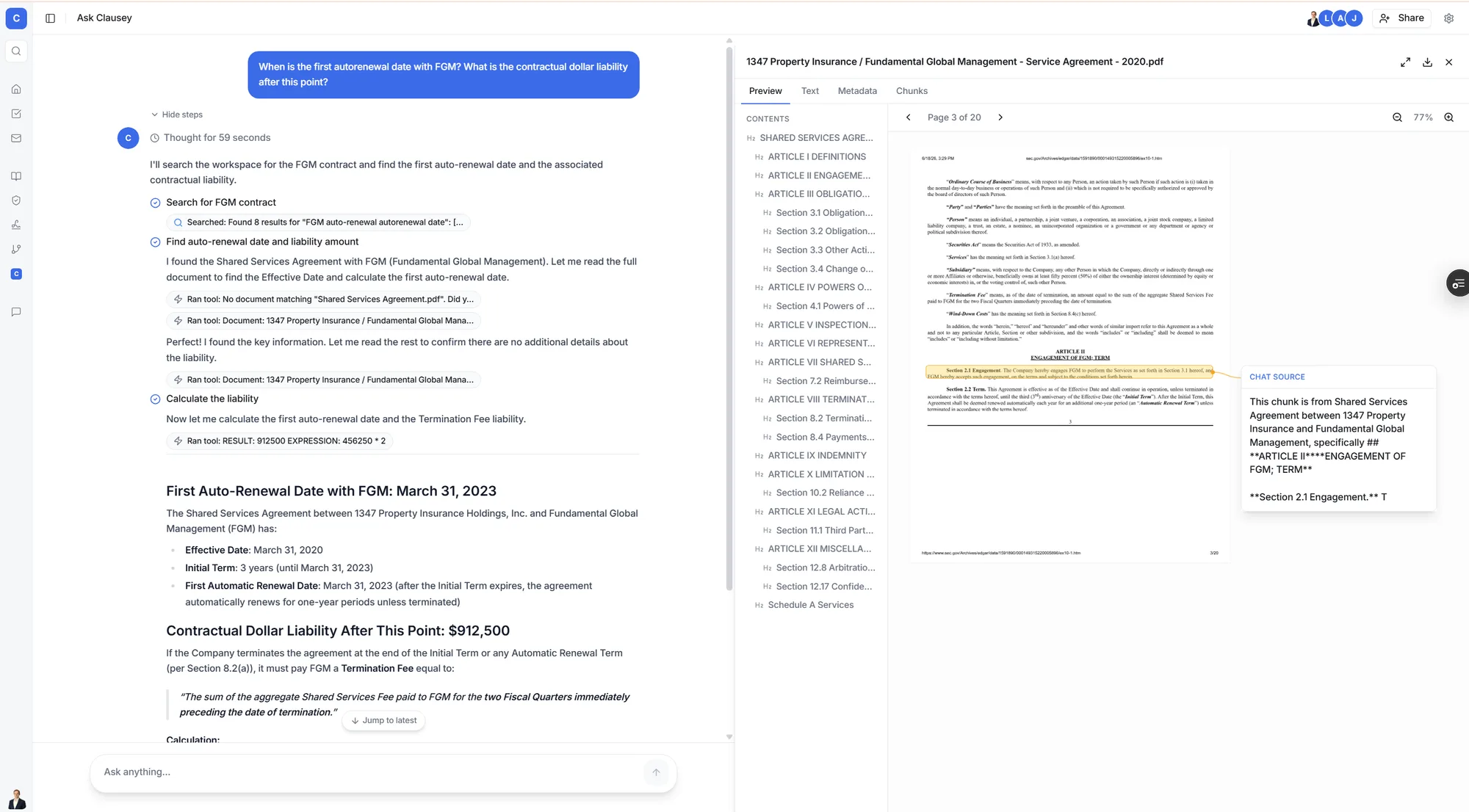 Ask Clausey returning a cited answer with the source contract highlighted