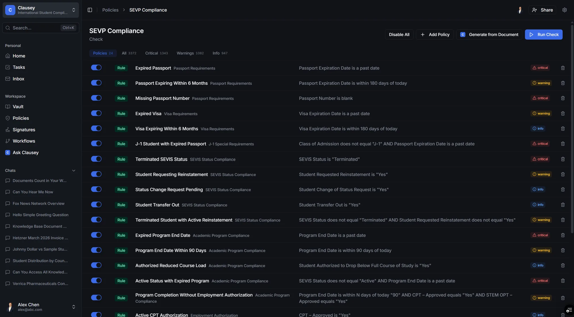 A Clausey compliance check listing policy violations